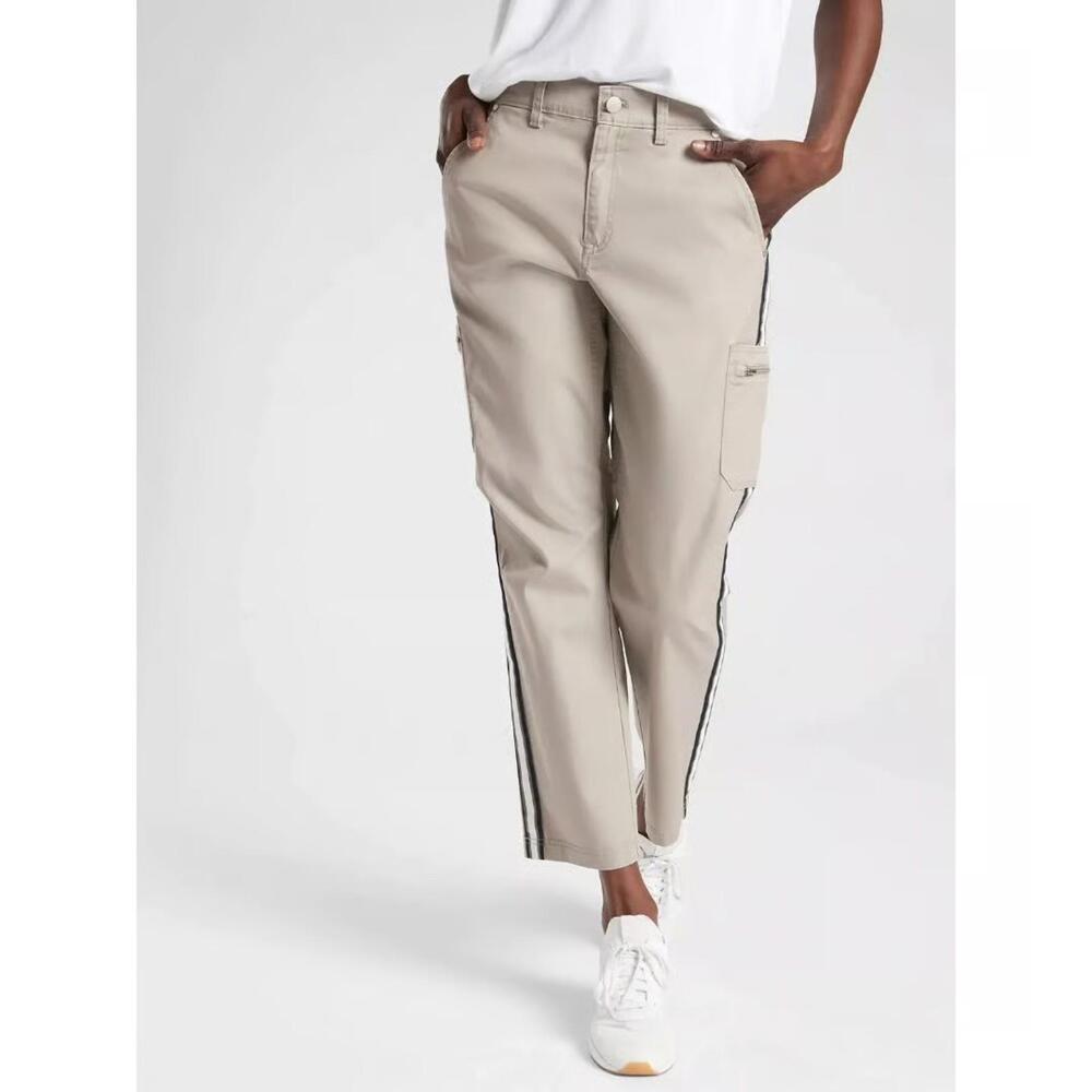 Athleta Summit Cargo Pant Beige Tan Stripe Trouser Athleisure Sporty Twill